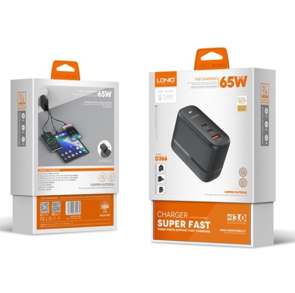 Мережевий Зарядний Пристрій LDNIO Q366 1USB/2USB-C GAN PD65W+Type-C to Type-C