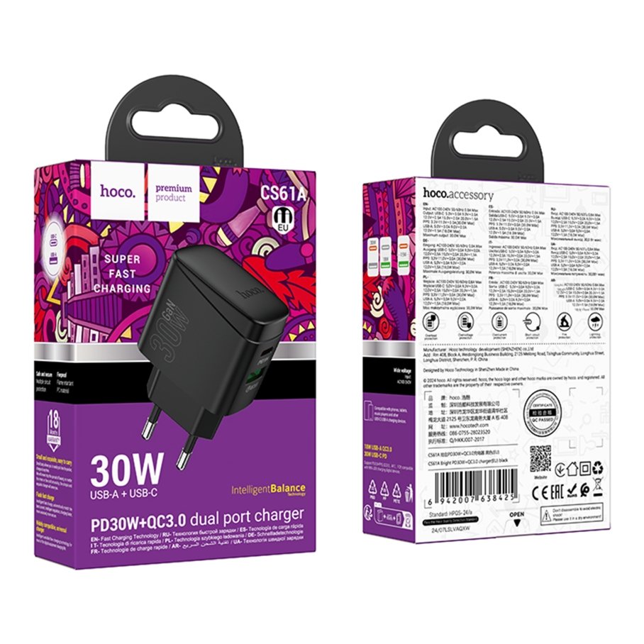 Мережевий Зарядний Пристрій Hoco CS61A 1USB/1USB-C PD/QC 30W GAN - Зображення 2