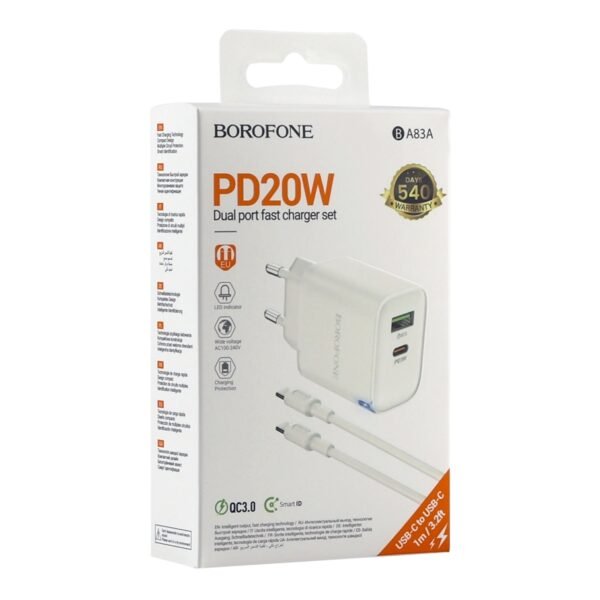 Мережевий Зарядний Пристрій Borofone BA83A 1USB-C/1USB PD/QC 20W+Type-C to Type-C