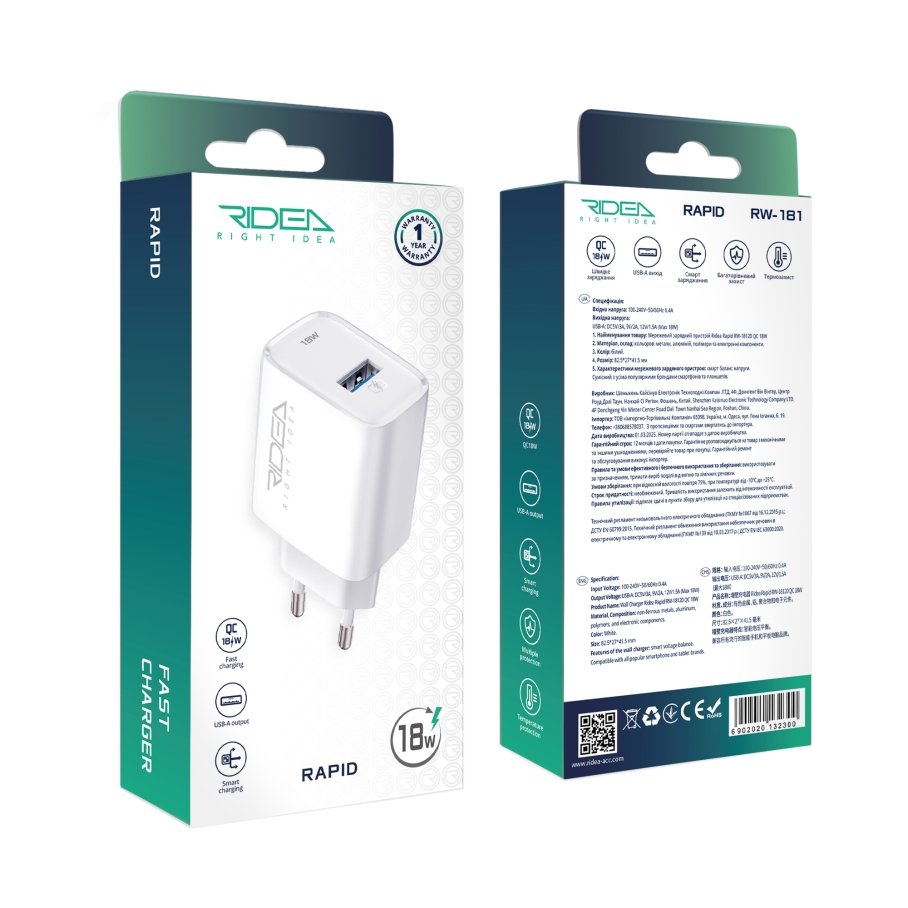 Мережевий Зарядний Пристрій Ridea RW-18120 Rapid 1USB QC 18W - Зображення 2
