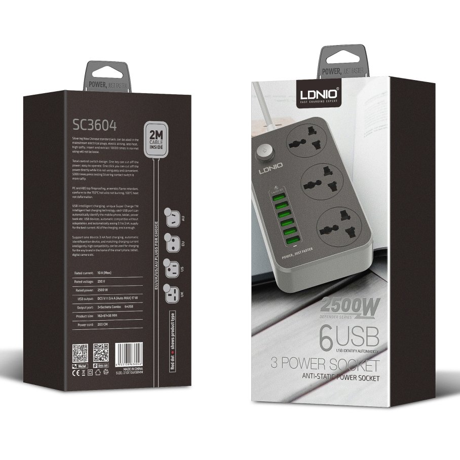 Мережевий Подовжувач LDNIO SC3604 6USB-A / 3 Sockets 2m - Зображення 2