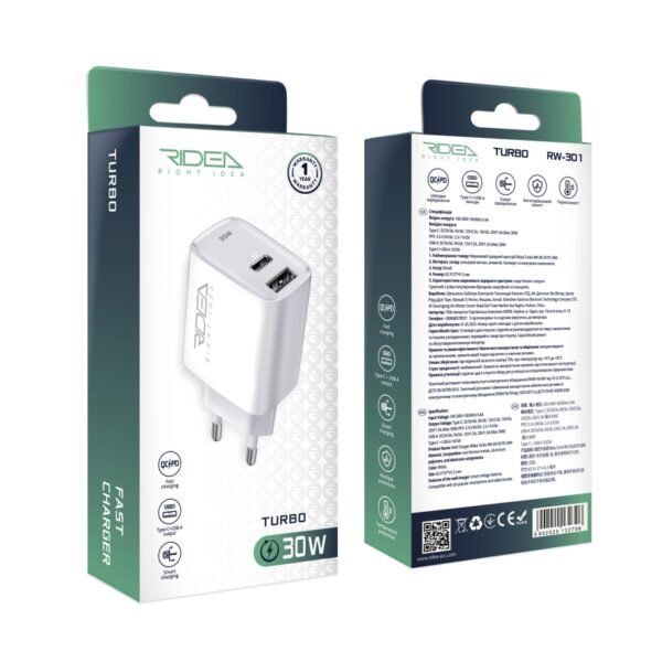 Мережевий Зарядний Пристрій Ridea RW-30120 Turbo 1USB/1USB-C QC/PD 30W